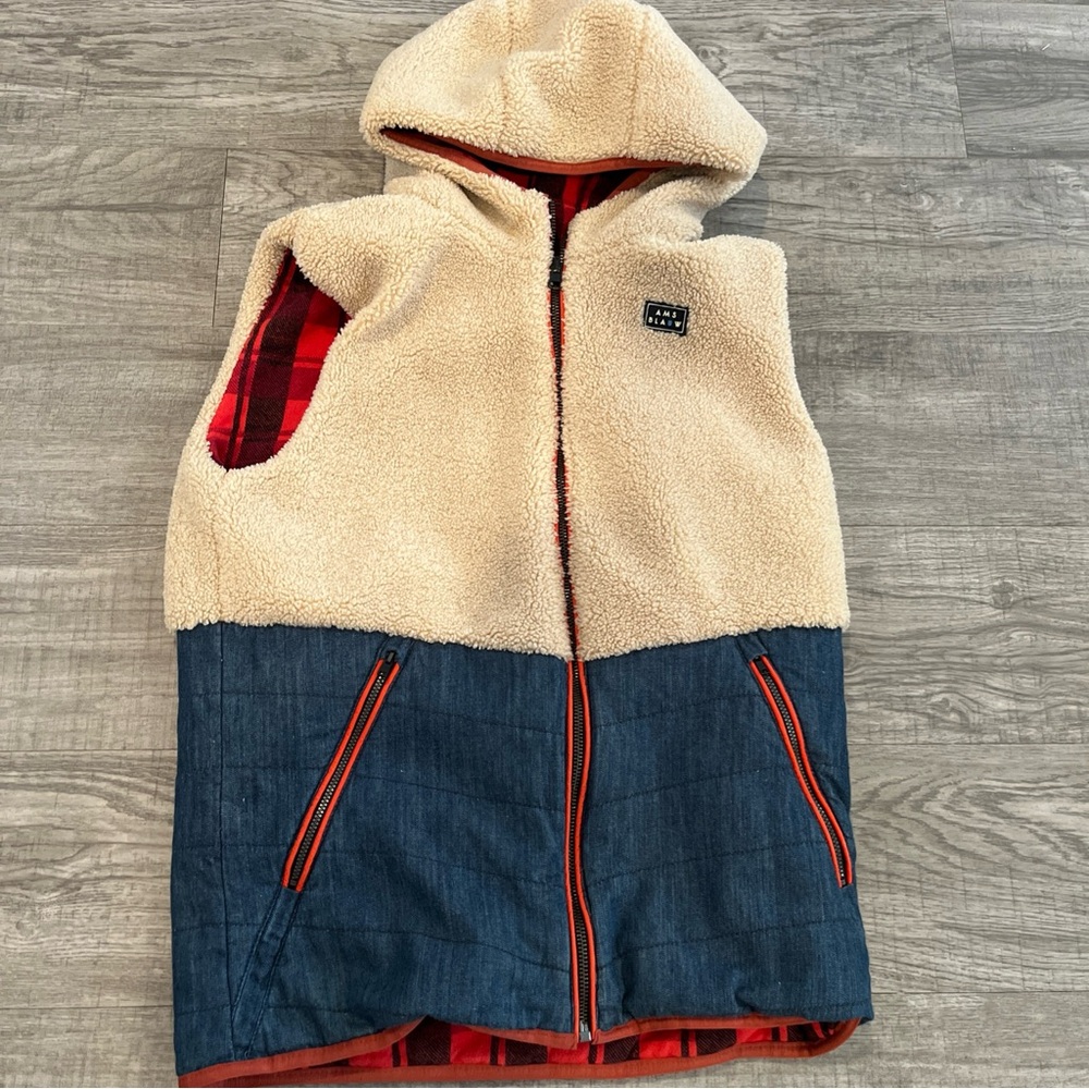 Scotch and soda denim Sherpa plaid reversible vest scandi girl